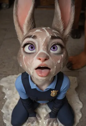 Animal bunny, Judy Hopps, zootopia, porno animals, sitting on knees, lustful look, (((cum on face:1.3))), (((huge cum load on face))), (((facial:1.3))), hd 4k, animation, pussy bunny, ahegao, police suit body, orgasm pussy, ears down, fluffy pussy, red Fox normal clothes, slaves, Judy Hopps slaves, focus on face, sharp focus, close up, <lora:754990_training_data:1.5>