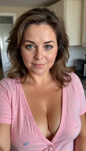 old cute charming mature, sexy 65 years, brunette, medium hair, tan skin, in the morning after sleep, messy hair, at the kitchen, fat bbw chubby, very tiny little tits boobs, face focus selfie, looking at the camera, sexy cute shy smile face, blue eyes, very cute and charming, very cute pyjamas