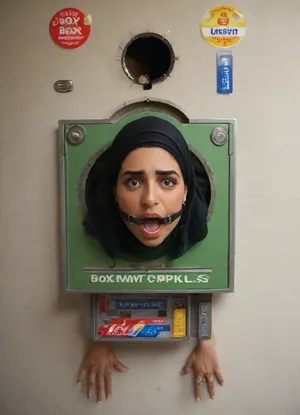 (glory wall:1.2), (bust and head sticking out of vending machine with metal rim:1.3), (muslim turkish girl trapped in hole in wall:1.5), (dark green cashmere pullover:1.1), (wide mouth spreader ring gag:1.2), alone, (from side), (leaning forward:1.4), (embarrassed, ashamed), (pleading expression), (dollar bills), (free standing metal box, vintage vending machine:1.1), (box is low mounted, close to floor), (score_9, score_8_up, score_7_up, UHD 8K, masterpiece, best quality, maximum details, natural light, extreme realism, cinematic still), (sign with text "Feed me!")