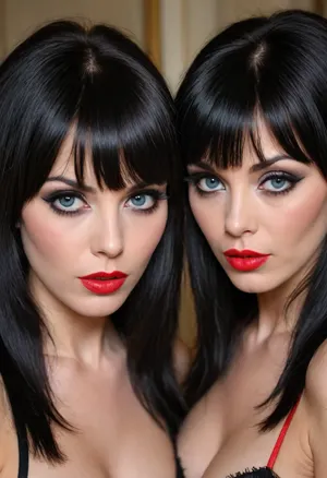 stylish image of 2 sexy milfs in glamorous makeup seducing each other, (((long shaggy black hair with full fringe))), big tits, no pubic hair, red lipstick, black eyeshadow, black eyeliner, blue eyes, fake eyelashes, (((pouting))), seductive look on face, flashing nipples, playing with hair