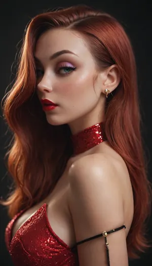 zip2d, SK_Comic, SK_DigitalArt, (score_9, score_8_up, score_7_up), (perfect eyes), (Jessica Rabbit:1.6), (incase, style of incase:.8), (concept art), (sharp focus, focus on eyes, face portrait), (profile shot, standing sideways, side-eye), (flirty, seductive, strutting), (vibrant red hair, elegant hair, glossy hair), (tight red dress, glittering dress), (elegant gloves), (heavy violet eyeshadow, long eyelashes, vibrant red lipstick)
