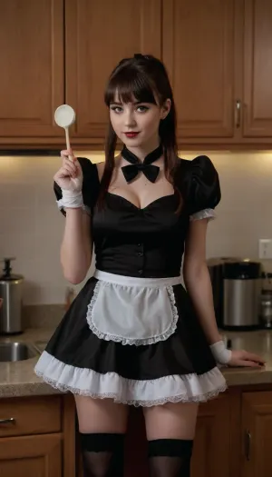 (18-year-old petite brunette goth girl:1.6), (ponytail with bangs:1.6), (big breasts:1.6), exposed breasts, (sexy maid outfit:1.6), (posing sexy:1.6), (kitchen:1.6), sweaty skin, toned, full-length photo, 70mm lens, aesthetic, symmetrical, muscular, athletic, sharp, textured skin, perfect body, goosebumps, detailed, slim, small waist, (perfect fingers:1.2), <lora:chest_adjust:.8>, <lora:289505_training_data:.8>, <lora:253562_training_data:.8>