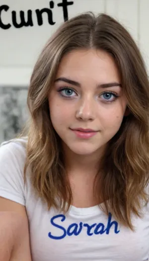 A girls' scrapbook, (((scrapbook with writing in black marker labeling the page as "Sarah 2021"))), featuring multiple photos of a, ((beautiful nude girl)), 18 years old, top model face, (messy long brown hair, blue eyes, dark eyebrows, small tits, thick waist, wide hips, big round ass, thick thighs, short legs, hairy cunt:1.7), chubby, handwritten, text, english, <lora:text_lora:.9>