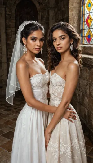 Latina lesbian wedding party with two nude Mexican brides, they are in a small wedding chapel at noon during August with light streaming in to the chapel from two stain glass windows on either say of the chapel walls, flat, chested, <lora:flat_chested_v3.5:.9>