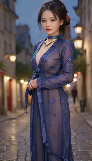 The image shows a 19 year old Chinese girl standing on the streets of Paris in 1890 during the Belle Époque, deep natural seamless tan skin, she has long curly black hair with pigtails tied with dark blue ribbon, its night and the Cobblestone streets are lit with tall Wrought iron gas lamps, the Eiffel Tower is lit with string lights in the distance, garlands of dark blue flowers are hanging above the street, she has a big warm smile, she has huge natural breasts with large pink areolas, She is wearing a sheer see-thu dark blue dress with a lace collar. The dress has a high neckline and long sleeves. she is lifting up her dress to expose her naked shaved pussy, The overall mood of the image is sensual and elegant., red lipstick, bold black eyeliner, she wears a dark blu choker neckless, dark blue flowers in her hair, seethru, szhf, dress, 1880_dr3ss, 1890_dr3ss, 1900_dr3ss, 1905_dr3ss, 1910_dr3ss, Fortuny, <lora:seethruv3_SDXL:2>, <lora:MJ52:2>, <lora:szhf:2>, <lora:Belle_Epoque_Dresses_1880-1914_XL:2>, skirtlift, <lora:skirtlift_xl:.8>