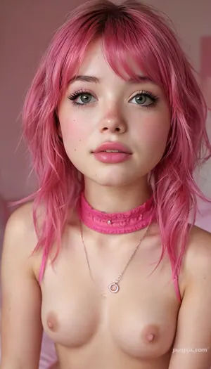 18 yo Asian girl sitting in pink fluffy bedroom, ((cum all over her face)), sharp focus on face, Asian, dark pink bob hair with pigtails, tan skin, dark pink short pajamas, lifted top, heavy make up, dark pink colors, dark pink choker neckless, smiling with mouth open, naked exposed shaved pussy, cum on her face, navel piercing, ((nipple piercings)), small tits, dark pink knee high socks, ultra realistic, hyper detailed, high resolution, photorealistic, natural lighting, sharp focus, cinematic look, lifelike textures, anatomically correct, symmetrical, clean rendering, soft shadows, skin pores, realistic materials, pink lipstick, bold black eyeliner, natural tones, high fidelity, accurate proportions, depth of field, professional quality, real-world appearance, kawaii, makeup, seethru, <lora:tags:2>, <lora:KawaiiMakeupXLv2:2>, <lora:Midjourney Image Enhancer XL v1:2>, <lora:seethruv3_SDXL:2>, <lora:pinkhair_SDXL-000004:1.2>