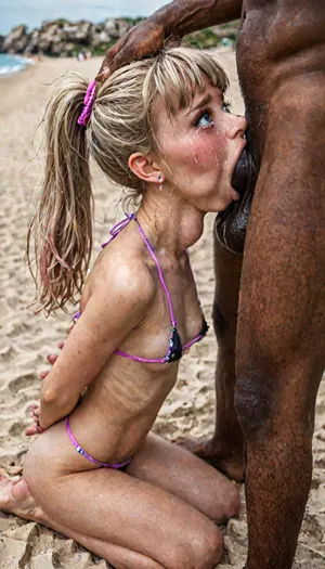 (Beach), sandy beach, ocean view, towel, Bright sunny day at the beach, close up, side view, interracial deepthroat, Detailed throat bulge, (huge girth black cock:1.7), full body, kneeling, deep back arch, cute little butt, small round ass, petite, small skinny body, platinum blonde ponytail, long side bangs, ((tiny black micro bikini, pink trim)), barefoot, (makeup, blush, long thick eyelashes), (upturned nose), (tears:1.6), (watering eyes, big eyes, (sad eyes), detailed eyes, fine detail, bright light blue eyes), ruined makeup, arms behind back, (submissive), (deepthroat:1.7), deep throating, balls against chin, nose to stomach, back arched, ((throat bulging from cock:1.3)), she looks up at man, eyes up, innocent look, deprived, (huge cock, thick veiny cock, wet slimy cock, detailed black cock, very dark skin male), tall strong man, (petting cheek), ((visible soles, toes)), (perfect toes:1.5), (full body:1.2), (two colour microbikini), (small round perfect fake breasts), ((bulging cheeks:1.2)), cum exploding from mouth, puking cum, cock very deep in throat, gagging on cock, bulging throat, (depth photo, not close, distance), arching back, deeply arched back, head tilted up, huge cock in throat, cheeks bulging, cheeks full of cum, thicker cock, bigger cock, giant big dick, forced blowjob, shoving cock deeper, ((throat bulge:1.6)), (black black black), <lora:LCM_LoRA_Weights_SDXL:.8>