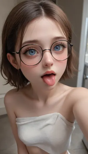 young gorgeous jewish girl, freckles on face, (skinny), (big space eyes), (((big long eyelashes)), alone, (18 years old:1.5)), (perl white skin:1.5), pretty barely legal face, (smokey eyes makeup), (towel around body), (((big thin round nerd glasses))), ((selfie, 3/4 view, ahegao)), big round eyes, (((small tits, small hand, small arms))), (childlike), (maximum photo quality:1.4), (ultrarealistic photo:1.4), (maximum realism:1.4), (maximum resolution:1.4)
