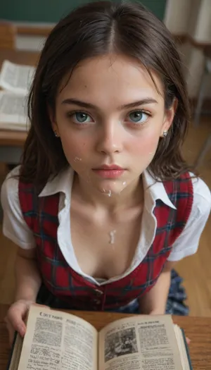 view from above, 18yo beauty reading a book, cute, (very petite:1.8), (young:1.8), cum splatter on face, angry, detailed HD pretty innocent beautiful face, pale skin, dark hair, messy plaid School uniform, cleavage, (cum on face), cum on book, (cum in cleavage), super realistic cum, ((nipslip)), classroom