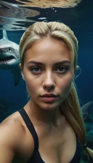 petite blonde, ponytail, realistic beautiful face, underwater selfie, giant shark appears behind, (dark underwater scene)