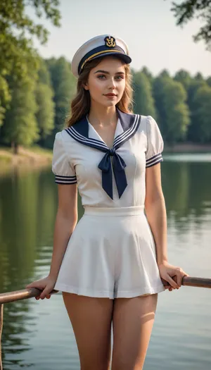 Real photo. Beautiful European female, (24-year-old), Full body in middle of photo, sailor outfit and hat, lake behind. Summer, nature ambience, warm, hot day time. Cinematic lighting, Raw photo, ultra realistic, elegant, best quality, (intricate:1.2), (highly detailed:1.5), depth of filed, (professionally color graded:1.5), HD, 8K. Wallpaper.