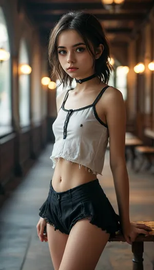 petite student, Slim, ripped revealing clothes, goth, Small tits, (full body view), Tinymodel, young, schoolgirl, 18 years old, perfect face, dark brown eyes, cute, closeup, petite body, smokey eyes, full body photo, beautiful face, (Ultra detailed skin:1.5), (ultra high resolution:1.5), <lora:MJ52:.3>