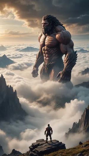 magnificent landscape, a titan, a giant beast, towering above the valley, above the clouds