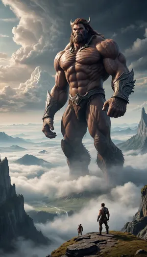 magnificent landscape, a titan, a giant beast, towering above the valley, above the clouds, fantasy, epic, awe-inspiring grandeur