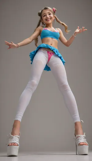 (18:3), (Masterpiece, highest quality, 8K, finest details, amazing photography, award winning, spectacular image, focus, realism, UHD), (absolutely gorgeous, incredibly attractive, stunningly beautiful, (super cute model:1.3), young 18 year old student, (teenager:1.7)), (amazing body, toned, tanned, (tight slim defined body), detailed sexy body, (short, small frame), large breasts, hard poky nipples, sexy stomach, pierced naval, (g string:1.4)), (tight blue crop top, big cleavage, pink tube top, small tight white top), (blue micro skirt, torn pink fishnets, white leggings, coloured bikini bottom), (high heels, sneakers, barefoot, platform boots), (blonde hair, hair clips, hair bow, hair ribbons), (pigtails, twinbuns, braid, short or long hair, side ponytail, big ponytail, elegant updo hair, fancy hairstyle, straight plain hair), pushing out chest, arched back, legs apart, visible panties, (full body, front view, side view, rear view, low angle, high angle), (big smile, excited, happy), (face focus, detailed face:1.3), (hand gestures, detailed fingers), (at a bar or pub), (very aesthetic, necklaces, bracelets, watch, key chain, tattoos, piercings, rings, headphones, belt, purse, cell phone)