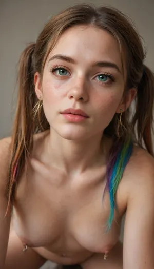 long messy hair, big long eyelashes, (skinny), (18 years old), rainbow hair, pigtails, medium breasts, anal sex, freckles on face, green eyes, freckles, earrings, nipple rings, belly ring, photo, portrait, <lora:real-humans-PublicPrompts:.8>