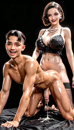 An ultra realistic, high detailed photo, black room, black background, (slender and slim latina futanari with black stocking and medium black bobcut hair on male), latina perfect shemale, elder bold ugly male, fat male, (femdom, futa fuck white man analy, futa pegs male, doggy style), cumming, mega massive futa dick, mega big heavy black futa balls, gigantic breasts, perfect slender body, slim waist, tanned skin, massive milky breasts, big white pearl earrings, several fine gold and pearl necklaces, several fine gold and pearl bracelets, black eyes, brown eyes, full and plump red lips, looking at viewer, laughing, wet skin, oiled skin, cum covered, sexy red satin nightie, <lora:209970_training_data:.9>, <lora:287175_training_data:.9>