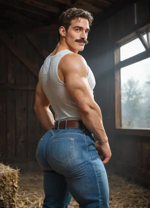 Sexy man, 30-years-old, brown hair, short wavy haircut, thick brown mustache, (thick mustache:1.1), abs, sexy lean body, handsome face man, nice jawline, clear green eyes, big lips, (big lips:1.2), sexy man, short hairy body, sexy attitude, looking the viewer, shy smile, wearing tight skinny denim jeans, bulge, sleeveless tee-shirt in pants, brown belt, in worn barn, dark lighting, sweaty body, exhibiting his big booty, stand side, (fog:1.1), nice round bubblebutt, (big ass:1.6), solo picture, hot sexy man, teasing the viewer, wiew from high, from back side view, naughty teasing man