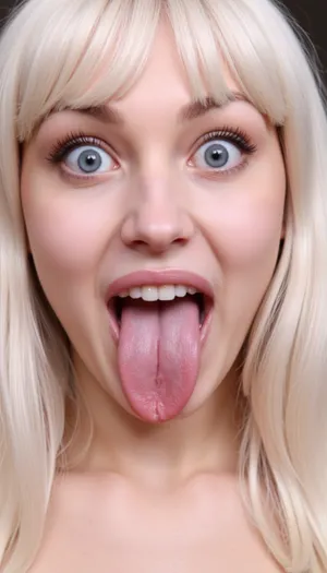 Sexy bimbo, white bangs, blue eyes, luscious lips, (gaping mouth wide open:1), wet tongue, perfect teeth, (wide eyes:1), (mouth close up), looking at viewer, 18+