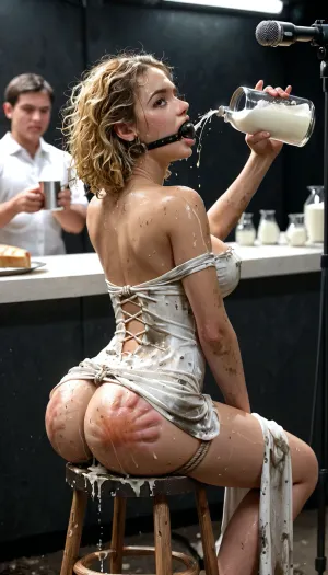 Extreme close up shot futuristic woman ebony black with beautiful detailed brown eyes, receiving enema milking a cow in the meadow, NUNs dress pulled up revealing ass, poor, sunny, short cleavage, deep cleavage, dirty, muddy field, (tripod stool), (dirty silk), messy hair, wet white dress, water droplets on skin, sweating, squirting milk into milk jug, cum, hands rope tied, boobs tied, piss stains, brown stains, shit on ass, poop in hand, ebony black, pouring milk over ass, milk jug, bottle, food, bread, cheese, blonde, soft spanking marks, syringe milk enema, ball, gag, spider, bit, ring, <lora:gagged-4e:.8>, <lora:detailed_notrigger:.8>, <lora:1464932_training_data:.8>