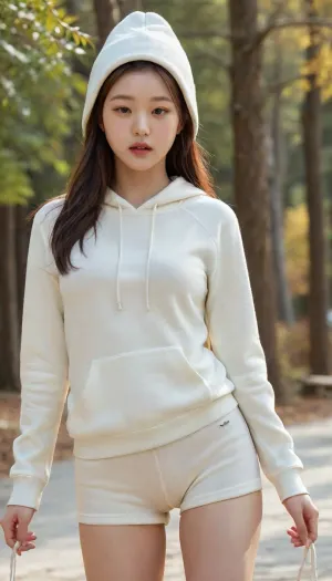 High detail RAW color photo professional, (realistic, photo realism:1.37), (highest quality), (best shadow), (best illustration), ultra high resolution, highly detailed CG unified 8K wallpapers, physics-based rendering, cinematic lighting, full body view, ivory hoodie, nude lower body, g-string, round ass, outdoor, wonyoung, JANG_ICE, <lora:sayhello0o-ive_wonyoung-XL-V1:1.2>, <lora:JangWonyoung_SDXL:.7>