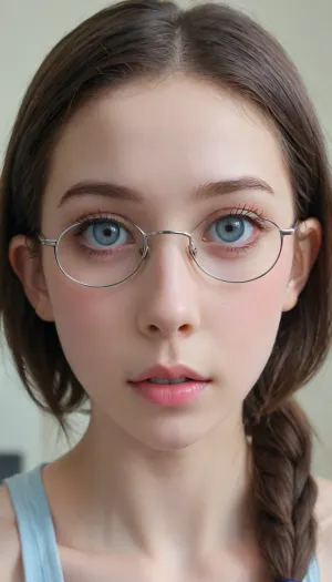(((The whole body is visible))), nude, (photo taken in class), (((round thin-rimmed glasses))), (((narrow low face))), young face, Super realistic, perfect lighting, (best shadow), 8K, UHD, clear image, (best lighting), highest quality, ultra-detailed images, fine details, high resolution, 8k, (skinny waist), (skinny), Euro-American, (18 years old), bright blue eyes, dark brown hair, pigtails, very detailed face, blush, white skin, tt_flat, BJ_Oxygen, krnpp, anal balls, close-up pussy, shaved pussy, <lora:reallora1:.5>, <lora:Oxygen girl_SDXL1.0:.5>, <lora:karina_sdxl_v10:.5>