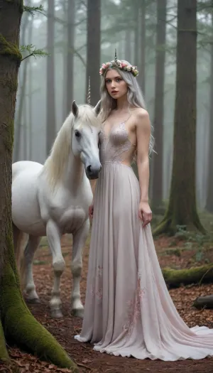 A young, pale-skinned naked woman, nude, likely in her teenage years, with long, flowing, light gray hair adorned with a delicate floral crown, stands beside a majestic white unicorn. Her expression is serene and thoughtful, her gaze directed slightly downward. She wears a flowing, light beige gown with subtle, multicolored patterns. The dress has a layered, intricate design, giving a sense of ethereal delicacy. The unicorn, a majestic, light gray or white color, is depicted with realistic detail and stands beside her, both figures positioned amidst a dark, misty forest. The setting is a misty, swampy woodland, with ancient, gnarled, dark trees and fallen logs dominating the background. A large, ominous, dark-gray castle is visible in the distance, seemingly built into the dense forest. The colors are muted, predominantly earth tones with hints of pale gray, beige, and dusky rose, creating a dreamlike, mysterious mood. The artwork's style is evocative of a dark fantasy painting. The brushstrokes are visible and expressive, contributing to a painterly, textured quality. The overall atmosphere is melancholic, evoking a sense of quiet wonder and ancient mysteries, with a heavy use of muted colors. A slightly low angle perspective, emphasizing the tall figures and grandeur of the setting, and dripping effects on the painting enhance its dreamy nature.