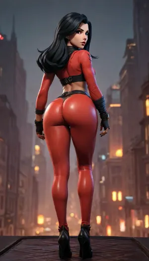 1girl, (Full body), (bend over:.6), (rear view:1.8), video game character design, (teasing viewer:1.6), sexy pose, dynamic pose, (long legs:1.6), (massive hips:.9), (bubble butt:1), sci-fi, future, futuristic, (dark skin:1.5), super soldier, hot, sexy, (black hair:1.8), black mascara, high heels, red outfit, full lips, wide mouth, black lipstick, black and red, military technology, combat uniform, exotic outfit, goth style uniform, gothic accessories, thick eyebrows, on a roof top, futuristic city in the background, video game graphics, 3d design, 3d graphic, 3d anime, cartoon, Anime, zenless zone zero graphics style, genshin impact graphics style, stylized shader, 3d anime videogame shader, perfect hands, stylized, very detailed, detailxl, ForniteStyle, arcane, style, zenless zone zero, overwatch, <lora:sxz-texture-sdxl:1>, <lora:OWStyleYeiyeiArt-8:.7>, <lora:arcane_style_xl_v1:1.2>