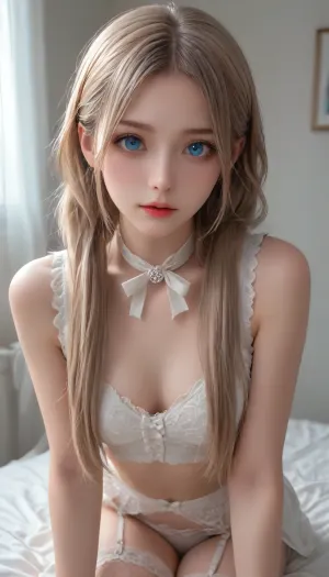 Close-up photo in Raw format, (you can see boobs:1.3), 8k uhd, high quality, high resolution, ultra-detailed, professional photography, photorealism, realistic, beautiful sexy skinny petite supermodel girl, image of a French maid, beautiful face, long pigtails with bows, long hair, seductive face, make-up, light lipstick, perfect body, the whole figure is visible, garter belts, clothes, garter belt, bright, (blue eyes), light brown hair, (((fishnet stockings))), <lora:reallora1:.5>, <lora:Oxygen girl_SDXL1.0:.5>, <lora:CoraXL:.5>, <lora:karina_sdxl_v10:.5>, <lora:GarterbeltXL:.5>