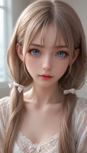 Close-up photo in Raw format, (you can see boobs:1.3), 8k uhd, high quality, high resolution, ultra-detailed, professional photography, photorealism, realistic, beautiful sexy skinny petite supermodel girl, image of a French maid, beautiful face, long pigtails with bows, long hair, seductive face, make-up, light lipstick, perfect body, the whole figure is visible, garter belts, clothes, garter belt, bright, (blue eyes), light brown hair, (((fishnet stockings))), <lora:reallora1:.5>, <lora:Oxygen girl_SDXL1.0:.5>, <lora:CoraXL:.5>, <lora:karina_sdxl_v10:.5>, <lora:GarterbeltXL:.5>