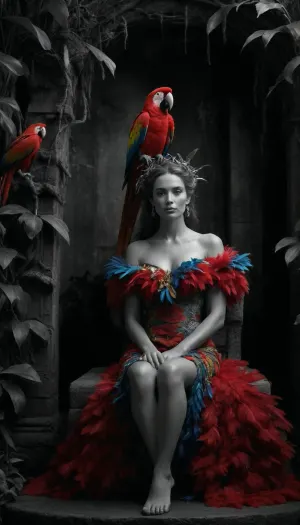 jungle queen on stone throne wrapped in vines, wearing a dress made of colorful parrot feathers, red macaw perched on her shoulder, black and white jungle scene with only feathers and bird in full color, cinematic fantasy, tropical humidity, detailed and sensual