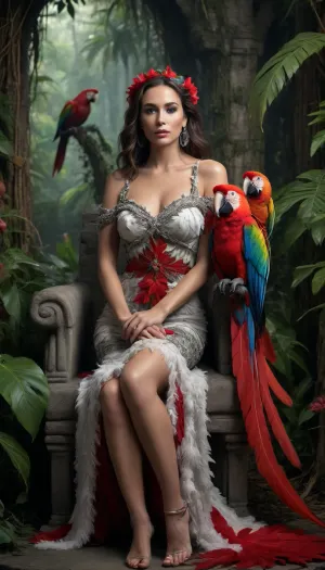 jungle queen on stone throne wrapped in vines, wearing a dress made of colorful parrot feathers, red macaw perched on her shoulder, black and white jungle scene with only feathers and bird in full color, cinematic fantasy, tropical humidity, detailed and sensual