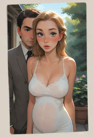 1woman 1man, Drawing of blonde babe and her 65 year old husband in a suit, in garden with friends, long blonde hair, light makeup, (freckles), ((large heavy breasts)), huge breasts, wearing a long light brown sun dress, body conforming dress, (wide hips), (pregnant:1.1), (slim), ((ratatatat74)), Anime, (Outline), (cartoon), tooned, low color palette, sexy, (hentai), painted, (illustration), made in adobe illustrator, no gradients, ((incase style)), concept art, (flat colors), aidxlv05_neg, <lora:outline_xl_kohaku_delta_spv5x:.7>, <lora:cartoon_stickers_xl_v1:.6>, <lora:287175_training_data:1.5>, <lora:Animated_Concept:.5>, <lora:samdoesart_style_xl_v1:.5>