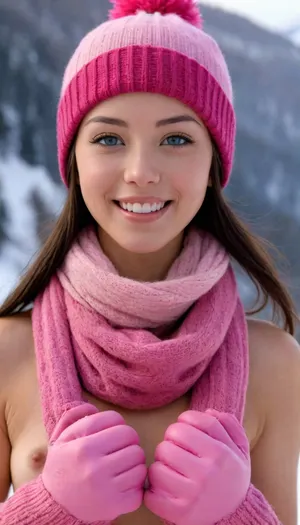 ((18 year old Japanese girl skiing in snowy mountains), (fully nude, dark pink beanie, dark pink scarf, dark pink mittens, winter boots:1.4)), tan skin, blush on the cheeks, red lipstick, long wild messy black hair, big boobs, large areolas, dark protruding nipples, big ass, (visible pussy, shaved pussy:1.4), smiling, happy, funny, face details, hand details, pussy details, masterpiece, best quality, highres, absurdres, ray tracing, perfect skin, perfect face, (full body in view, full frame view:1.2), warm side light, view from the ground, ultra detailed, intricate details, (photorealistic:1.5), 8k, UHD, contrast, sharp focus, (masterpiece:1.4), braless, bright blue eyes, <lora:happy_v2:1>, <lora:Microwaist_XL_v01:1>, <lora:bralessSDXL_v1_00022:.5>, <lora:bright_blue_eyes:1>, <lora:288407_training_data:.5>