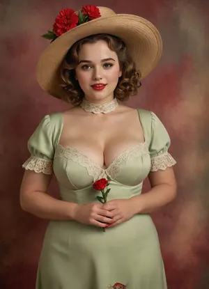 A vintage illustration of a young woman wearing an elegant wide-brimmed hat adorned with red flowers. She has soft, curly hair and a subtle smile. Her outfit features a light green dress with delicate lace details and a high collar. In her hands, she holds a small bouquet of red carnations. The background is a soft, muted color, enhancing the nostalgic and romantic feel of the artwork., plump, skindentation, chubby, bbw, venus, body, big, breasts, ass, beautypinupart, 1girl, <lora:FD_XL_ENF:.8>, <lora:Chubby BBW - XL:.3>, <lora:PinupManiaXL_V1.0:.8>, <lora:424902_training_data:.8>