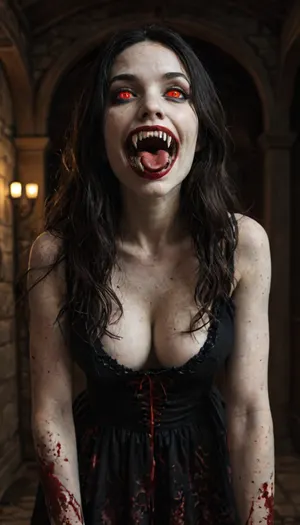 masterpiece, score_9, score_8_up, score_7_up, 1girl, from below, beautiful sexy terrifying vampire woman in a snug black dress leaning over the viewer inside a dark room at night, medium shot, (standing and lunging forward), threatening pose, ((glowing red eyes:1.5)), (stunning pale white-skinned vampire woman with long flowing wavy black hair and wearing a snug black brocaded dress), slender very tall body, (ghastly pale pale white skin), (blood-soaked mouth with vampire fangs dripping blood:1.2), (((very very long vampire fangs:1.5))), hungry expression, large natural breasts, hawkish nose, tall tall face, black eyebrows, strong cheekbones, ((snug black brocaded dress)), face focus, cleavage, downblouse, nipslip, nighttime, inside a very dark room with stone walls at night, dim lighting, very aesthetic, subsurface scattering, (rotting flesh, decaying skin texture, rotted skin texture, detailed skin texture:1.9), skindentation, vampire woman, insane level of detail, horror, scene, dark, glowing, eyes, rooms, girl, gore, <lora:Mistress_of_the_night-000016:.5>, <lora:style_lora_realis:1>, <lora:3cfdf102b8e09e99ae7eb77b194d9459:1>