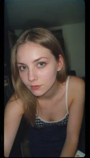 (pale yellowish skin tone), (desaturated skin color), (real amateur party), (spontaneous surprise photo), (amateur photo), (unprepared photo), (raw unedited photo), (improvised pose), (rear view), (side view), (close-up), (taken from a Samsung Galaxy), full body photo, (((Dark room))), (((low lighting))), (((Night))), (((camera flash))), light off, (strong flash:1.2), (((Amateur photo))), (((Candid photo:1.3))), №########################, (at night), (dark shed), (lights off), (camera with flash Polaroid), (Cool indoor lighting), (Direct flash photo), (Overexposed flash), (Strong Shawdons), (Sharp Shawdons), (Low Contrast:2), (Noise in dark areas), (Bright reflections on surfaces), (Sharp background), (Background in focus), (No background blur), (Sharp background details), (Fluorescent lighting hue), (Cool white balance:1.3), (White shadows), (Artificial lighting with white tint), Showgirl, Girl, Emo, Long, Hairstyle, Optional, Myspace, Image, badquality, 1990sanalogphoto, 90s, style, 80s, Analogic, 1990s, olddigitalcamera, raw, light, leak, film, grain, jpeg, artifacts, low, res, quality, <lora:badquality_v02:.8>, <lora:1990sAnalogStyle:.8>, <lora:Portraits_and_beuty (1):.8>, <lora:Old_Digital_Camera:.8>