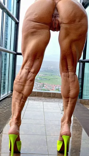 just close up legs, gilf woman, very old bodybuildingskinny body, big pussy labia, muscular legs in neon color platform mules high heels, from back view, muscles stiration, naked pussy, net stockings, stand broad, strong calves, in penthouse, close up feets, platform mules, mules, in the rain, do, you, like, my, bum, <lora:doyoulikemybum:.8>