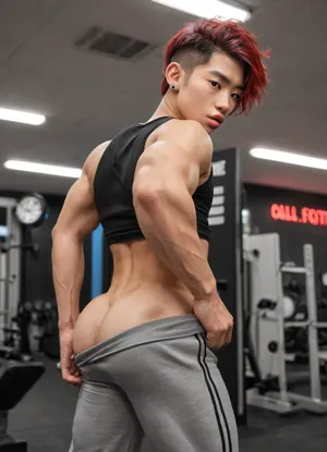 Only gay sex scene, a young small 18-years-old boy, japenese boy, beautifull face, leany body, abs, short red hair, (red hair:1.1), shaved face, hairless body, bottom boy, big lips mouth, (big lips:1.2), (big bulge:1.2), small round butt, (bubblebutt:1.2), sexy asian guy, (asian boy:1.5), (asian eyes:1.5), solo picture, Gay boy, teasing the viewer, hot boy, Nike crop-top and Calvin Klein underpants, pulling down mid-ass underpants, gym room, neon lights