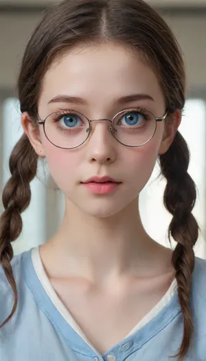 (((The whole body is visible))), nude, (photo taken in class), (((round thin-rimmed glasses))), (((narrow low face))), young face, Super realistic, perfect lighting, (best shadow), 8K, UHD, clear image, (best lighting), highest quality, ultra-detailed images, fine details, high resolution, 8k, (skinny waist), (skinny), Euro-American, (18 years old), bright blue eyes, dark brown hair, pigtails, very detailed face, blush, white skin, tt_flat, BJ_Oxygen, krnpp, <lora:reallora1:.5>, <lora:Oxygen girl_SDXL1.0:.5>, <lora:karina_sdxl_v10:.5>