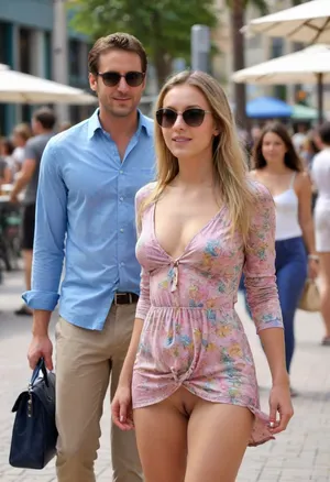 1 man 1 woman facing each other, attractive 25-year-old French woman on a crowded commercial plaza with outdoor restaurant terraces, asking a 30-year-old man for directions, ((woman has athletic body and is wearing sunglasses:1.3)), woman has very long blonde hair, no makeup, loose pigtails, shy smile like she's just been told she looks great, ((woman has long-sleeved short shirtdress with artsy print exposing cleavage and naked pussy:1.3)), ((shaved pussy:1.3)), ((visible pussy:1.6)), bare legs, purse, shopping bags, flat sandals, ((front view:1.3)), man is attractive, ((man is wearing casual shirt and trousers:1.4)), camera 30 feet away, late afternoon, upskirt, skirt, lift, <lora:ClearHand-V2:.5>, <lora:skirtLift:.5>