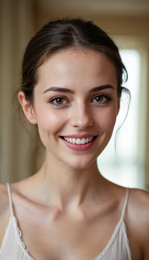 beautiful slim woman, a thin neck, a thin nose, quite long but very harmonious, lively and laughing eyes, a mischievous smile, thin lips and wide mouth, well-defined jaw, natural beauty