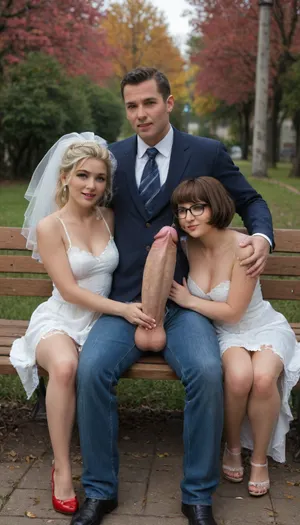 masterpiece, award winning photo, best quality, in this photo we see 3 people, 2woman and 1man, sitting on a bench in a park. 1woman is tiny Velma, brunette, big tits, very torn school uniform, very short skirt. 2woman is a bride, blonde, huge tits, very torn wedding dress. 1man is casual dressed, open jeans, huge cock out, massive cock, gigantic cock, (massive cock:1.3), .
Man is sitting between tiny Velma and Elsa. tiny Velma has her hand on cock, cum on hand, cum on legs, cum on clothes, lots of cum, cum on breasts, extreme cum play, cum on thigh, cum on hair, cum on face, cum dump, excessive cum, huge creampie.
Elsa is hugging man. full body view, man is full in frame, <lora:tornclothesv6-8:.8>