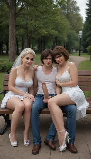 in this photo we see 3 people, 2woman and 1man, sitting on a bench in a park. 1woman is tiny Velma, brunette, big tits, very torn school uniform, very short skirt. 2woman is Elsa, blonde, huge tits, very torn wedding dress. 1man is casual dressed, open jeans, huge cock out, massive cock, gigantic cock, (massive cock:1.3), .
Man is sitting between tiny Velma and Elsa. tiny Velma has her hand on cock, cum on hand, cum on legs, cum on clothes, lots of cum, cum on breasts, extreme cum play, cum on thigh, cum on hair, cum on face, cum dump, excessive cum, huge creampie.
Elsa is hugging man. full body view, man is full in frame, torn, fly, down, at, _______, <lora:tornclothesv6-8:.8>