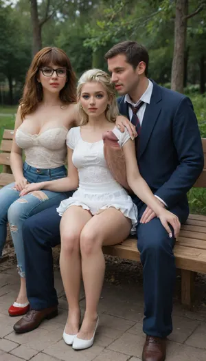 in this photo we see 3 people, 2woman and 1man, sitting on a bench in a park. 1woman is tiny Velma, brunette, big tits, very torn school uniform, very short skirt. 2woman is Elsa, blonde, huge tits, very torn wedding dress. 1man is casual dressed, open jeans, huge cock out, massive cock, gigantic cock, (massive cock:1.3), .
Man is sitting between tiny Velma and Elsa. tiny Velma has her hand on cock, cum on hand, cum on legs, cum on clothes. Elsa is hugging man. full body view, man is full in frame
