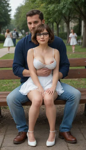 in this photo we see 3 people, 2woman and 1man sitting on a bench in a park. 1woman is tiny Velma, brunette, big tits, very torn school uniform, very short skirt. 2woman is Elsa, blonde, huge tits, very torn wedding dress. 1man is casual dressed, open jeans, huge cock out.
Man is sitting between tiny Velma and Elsa. tiny Velma has her hand on cock, cum on hand, cum on legs, cum on clothes. Elsa is hugging man. full body view, man is full in frame