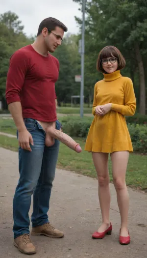 Tiny velma standing next to man, velma is half his size, tiny woman, skinny, big tits, hourglass figure, huge cock, massive dick, torn clothes, full body view, 40 yo man, man smiling to camera, in park, man is dressed with open pants, erection, massive cock, gigantic cock, super cock, monster cock, hard cock, velma is jerking him off