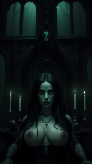 Thick woman, A beautiful Salem witch, with long, flowing midnight-black hair and haunting, pale skin, stands over a massive ancient cauldron bubbling with a glowing, eerie green potion. Her deep, otherworldly eyes gleam with dark secrets as she stirs the brew with a gnarled wooden staff carved with runes. The witch wears a tattered yet elegant transparentgown adorned with silver occult symbols, her slender fingers adorned with bone rings. The interior of the enchanted house is dimly lit by flickering candles and lanterns, casting sinister shadows on walls covered with dried herbs, skulls, and arcane symbols. Mist creeps along the wooden floorboards, and the windows reveal a cursed forest outside, twisted trees clawing at the night sky. The air hums with ancient magic and whispered incantations. High detail, dark gothic atmosphere, moody lighting, cinematic composition, (high-resolution illustration. Torpedo breasts. Huge areolas. Cauldron:1.4), green steam is coming out from cauldron, sinister smile, small waist, dark, theme, <lora:LowRA:.2>, <lora:epi_noiseoffset2:.8>, <lora:jkPerfectBreastsv03:.8>
