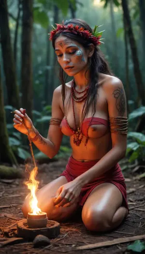 vibrant colors and rapid movements. A Macabre and Surreal Illustration. A shaman women from an Amazonian ethnic group performs an ayahuasca ritual in a small ethnic village in the heart of the Amazon rainforest. Her spirit leaves her body. Meticulously detailed. A somber and timeless atmosphere with a hint of nostalgia and history. The texture is smooth with delicate, precise lines and a polished finish. Masterful blend of history and beauty. Provokes reflection on the transience of life and the inevitability of death. romantic sunset, red, smoke, colorful and vibrant, mystical colors, iridescent perspective view, sweeping circling composition, non-representational, colors and shapes, expression of feelings, imaginative, long shadows, Hypnotic mood, detailed photo, photorealistic photo, realistic pretty women photo, realistic night vision, soft fokus, parallax, overexposure, photo style, she kneels, cinematic, filmic, scribbled lines, surrender, polychromatic, diffuse, #©KITTYART