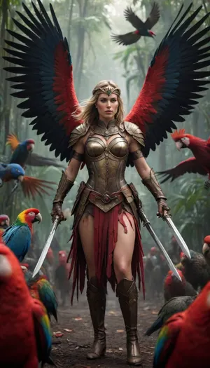 warrior queen in feathered bronze armor leading rebellion in the jungle, colorful parrots attacking from the air, blood on her side glowing crimson, battle chaos, black and white environment with only blood and birds in full color, epic action scene, cinematic exotic fantasy